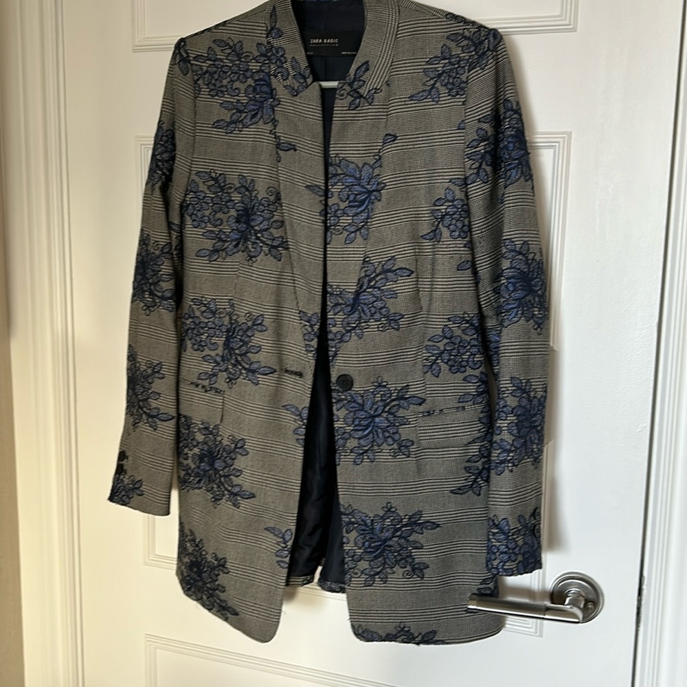 Zara long blazer in prince de galle pattern with blue embroidery